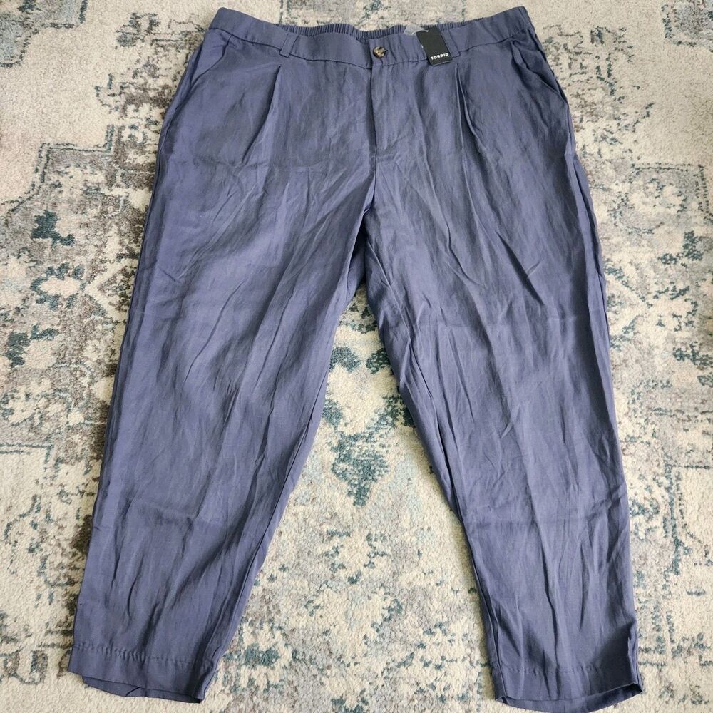 NEW Torrid Womens 22 Linen Blend Flat Front Taper Pant Blue Elastic Waist Pants